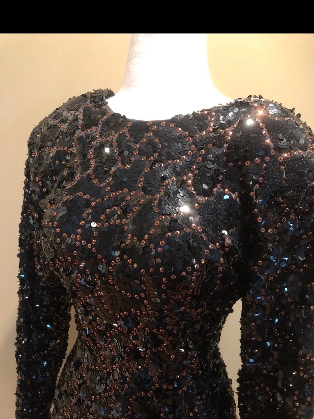 VINTAGE BLack Tie Long Sleeve Black And Bronze Sequin Formal Dress